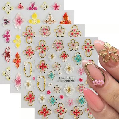 4 Sheets Flower Nail Stickers Spring Nail Art Stickers 5D Embossed Nail Decals for Nail Art Gold Pink Manicure Supplies Spring Floral Nails Art Decorations for Women
