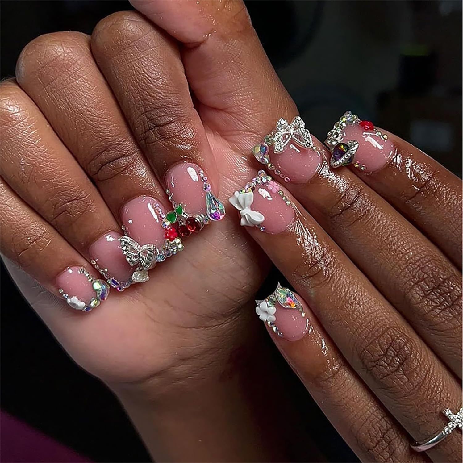 24Pcs Pink Press on Nails Short Square Fake Nails with 3D Bow Charms Glue on Nails Cute Butterfly Flower False Nails Nail Gems Rhinestones Full Cover French Nail Tips Glossy Acrylic Nails for Women