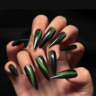 BABALAL Press on Nails Long Stiletto Fake Nails Green Glue on Nails Magnetic Cat Eye Design Bling Acrylic Nails 24Pcs Goth False Nails Manicure Almond Stick on Nails Handmade Gel Artificial Nails