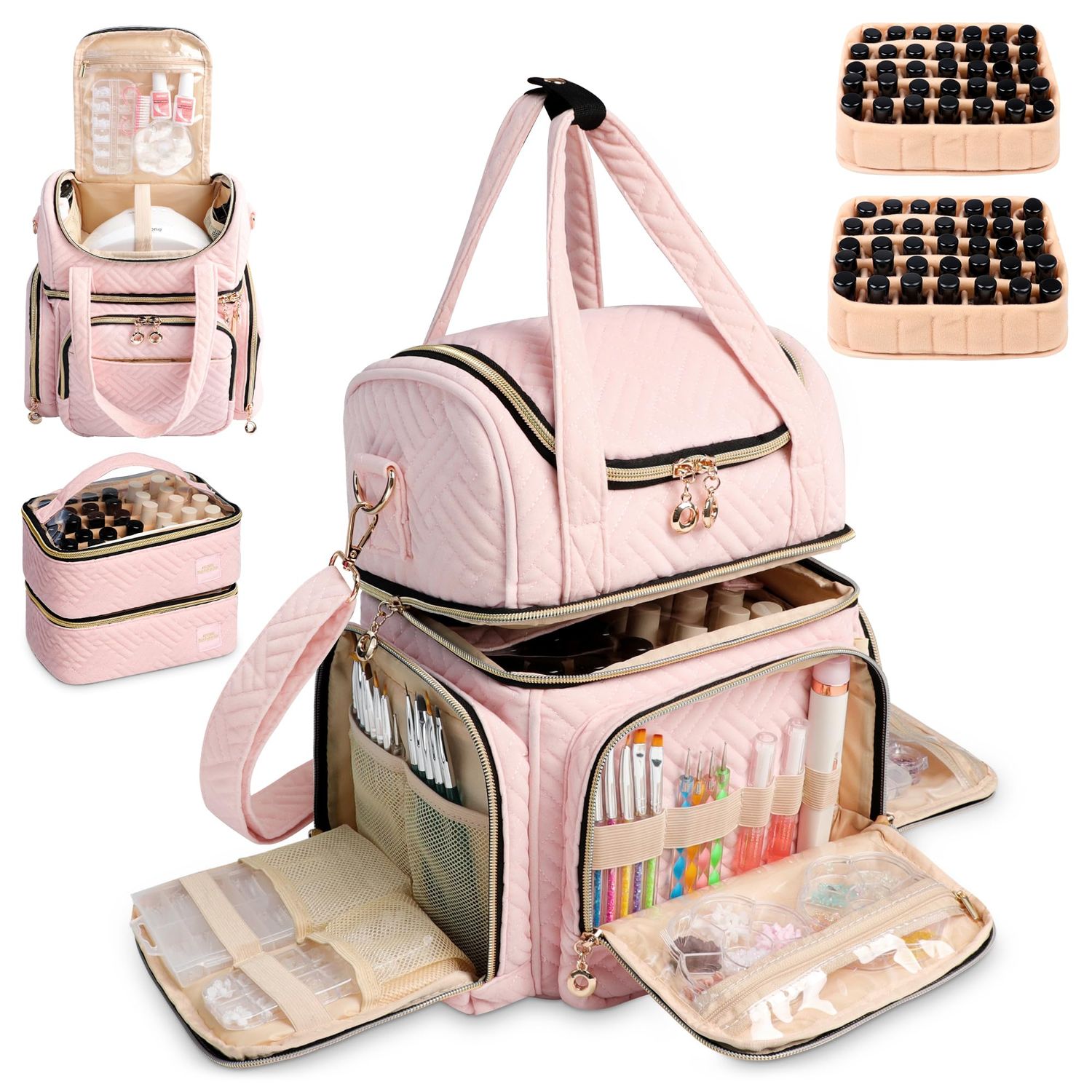 ahzske Nail Polish Organizer Bag Holds 70 Bottles&amp; Nail Lamp, Velvet Nail Kit Storage Carrying Case with 2 Removable Pouches, Portable Travel Nail Supplies Shoulder Bag for Manicure Tools (Soft Pink)