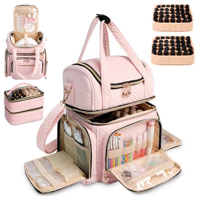 ahzske Nail Polish Organizer Bag Holds 70 Bottles&amp; Nail Lamp, Velvet Nail Kit Storage Carrying Case with 2 Removable Pouches, Portable Travel Nail Supplies Shoulder Bag for Manicure Tools (Soft Pink)