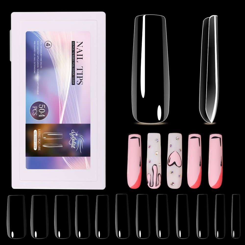 GELLAKTIK Long Square Nail Tips 504PCS, Clear Acrylic Full Cover Gel Press on Nail Tips for DIY Salon, 12 Sizes Pre-Shaped False Nails with Glossy Finish, Professional Manicure Kit &amp; Easy Application