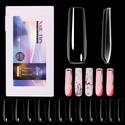 GELLAKTIK Long Square Nail Tips 504PCS, Clear Acrylic Full Cover Gel Press on Nail Tips for DIY Salon, 12 Sizes Pre-Shaped False Nails with Glossy Finish, Professional Manicure Kit &amp; Easy Application
