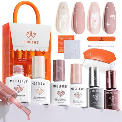 modelones Gel Nail Polish Kit with U V Light, 4 Colors Gel Mini Salon, Base&amp;Top Coat and Stickers, Milky White Nude Pink Glitter Fall Manicure Set, DIY Home Nail Art Decoration Kit, Gift for Women