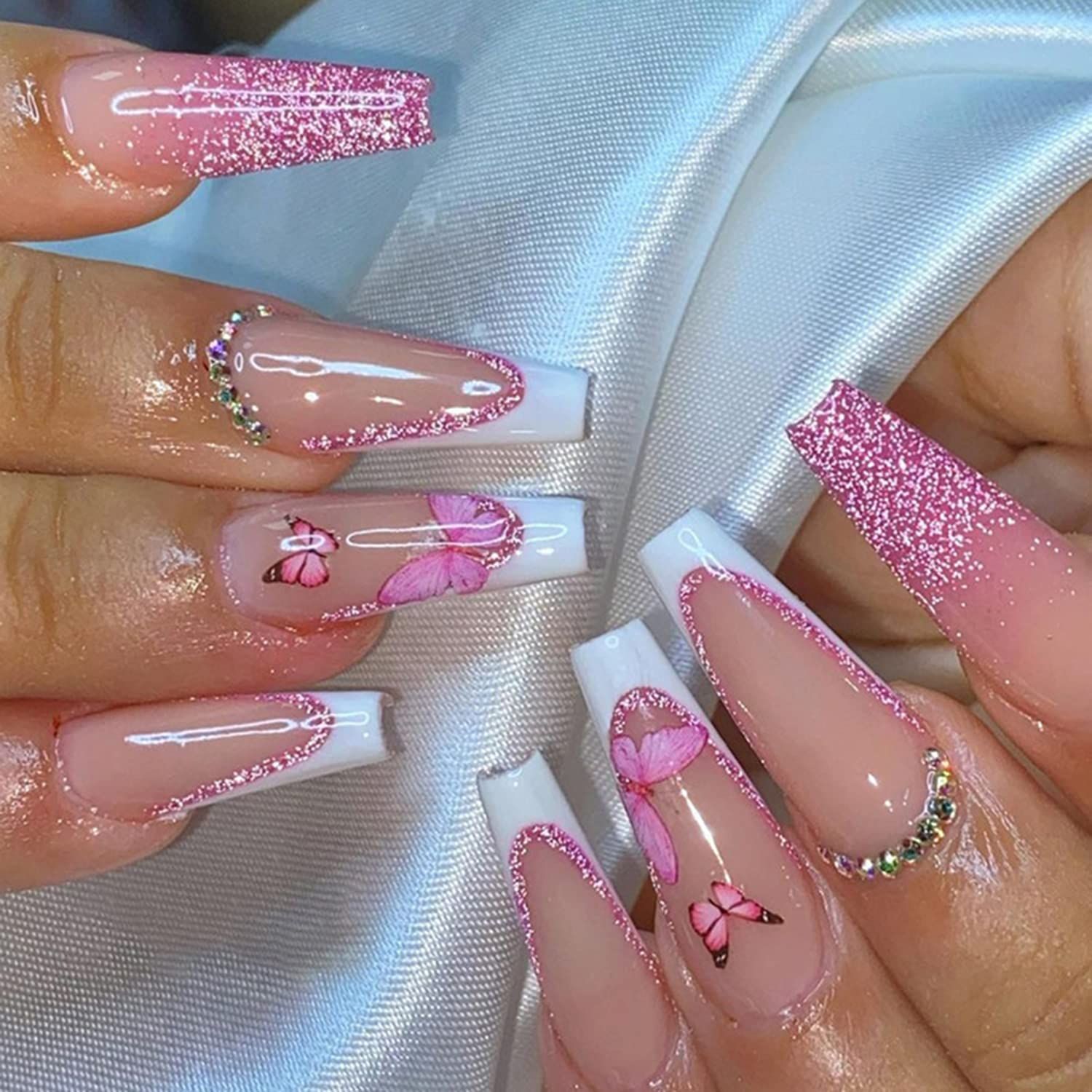 24 Pcs Medium Long Press on Nails French Tips Fake Nails with Rhinestones Pink Glitter Acrylic Nails French Butterfly Design Glue on Nails Full Cover False Nails for Women Artificial Nail Art Supplies