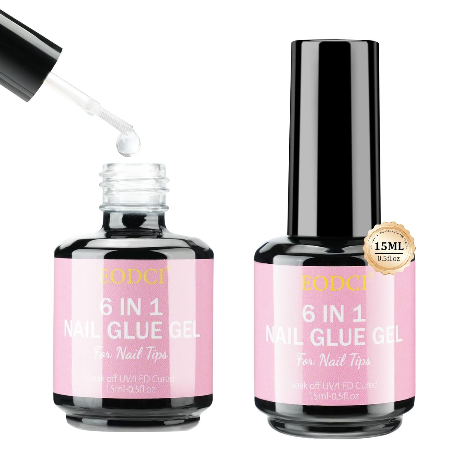 EODCI 6 in 1 Gel Nail Glue, 2Pcs 15ml for False Nails, Base Gel, Rhinestone, Blooming UV Led Lamp Required Super Strong Brush in Nail Gel Glue Strong Adhesive for Press on Nails Acrylic Tips