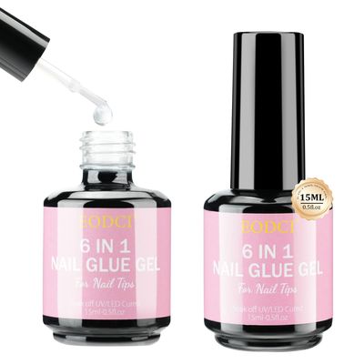 EODCI 6 in 1 Gel Nail Glue, 2Pcs 15ml for False Nails, Base Gel, Rhinestone, Blooming UV Led Lamp Required Super Strong Brush in Nail Gel Glue Strong Adhesive for Press on Nails Acrylic Tips