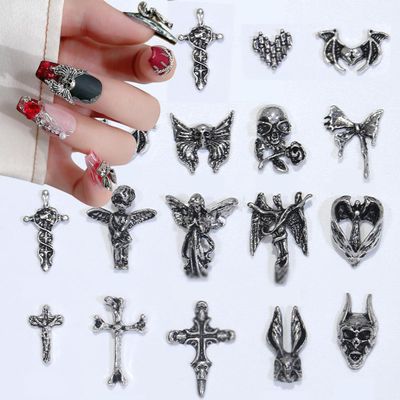 3D Nail Charms Halloween Skull Cross Wings Love Shape Silver Nails Charms Metal Vintage Nail Charm Nail Design Jewelry Decor Halloween Nail Glitters Charms for Nails Design DIY Decoration