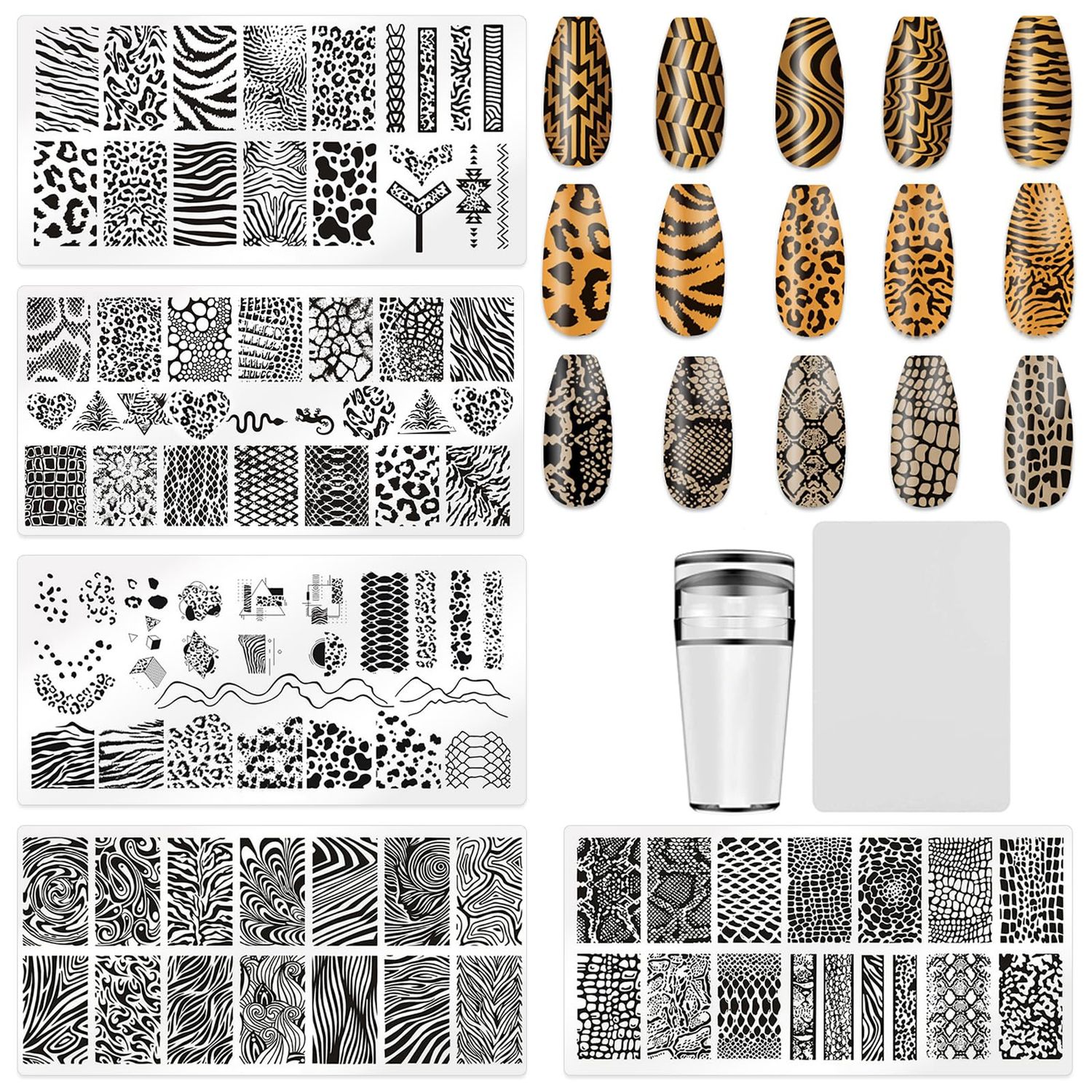 HYWWPFLAY Leopard Print Nail Stamp Set - 5pcs Stamping Plates, Stamper, Scraper - Nail Art Accessories