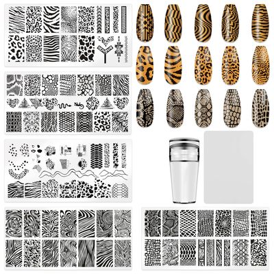 HYWWPFLAY Leopard Print Nail Stamp Set - 5pcs Stamping Plates, Stamper, Scraper - Nail Art Accessories