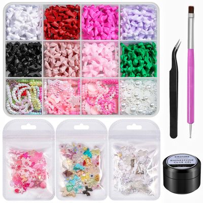 800 Pieces 3D Bow Nail Charms Kit Colorful Heart Moon Star Nail Jewels 3-6mm White Flatback Pearls 3 Bags Butterfly Flower Nail Charms Bulk for Nail Art Design with Tweezer and Brush (Solid with Glue)