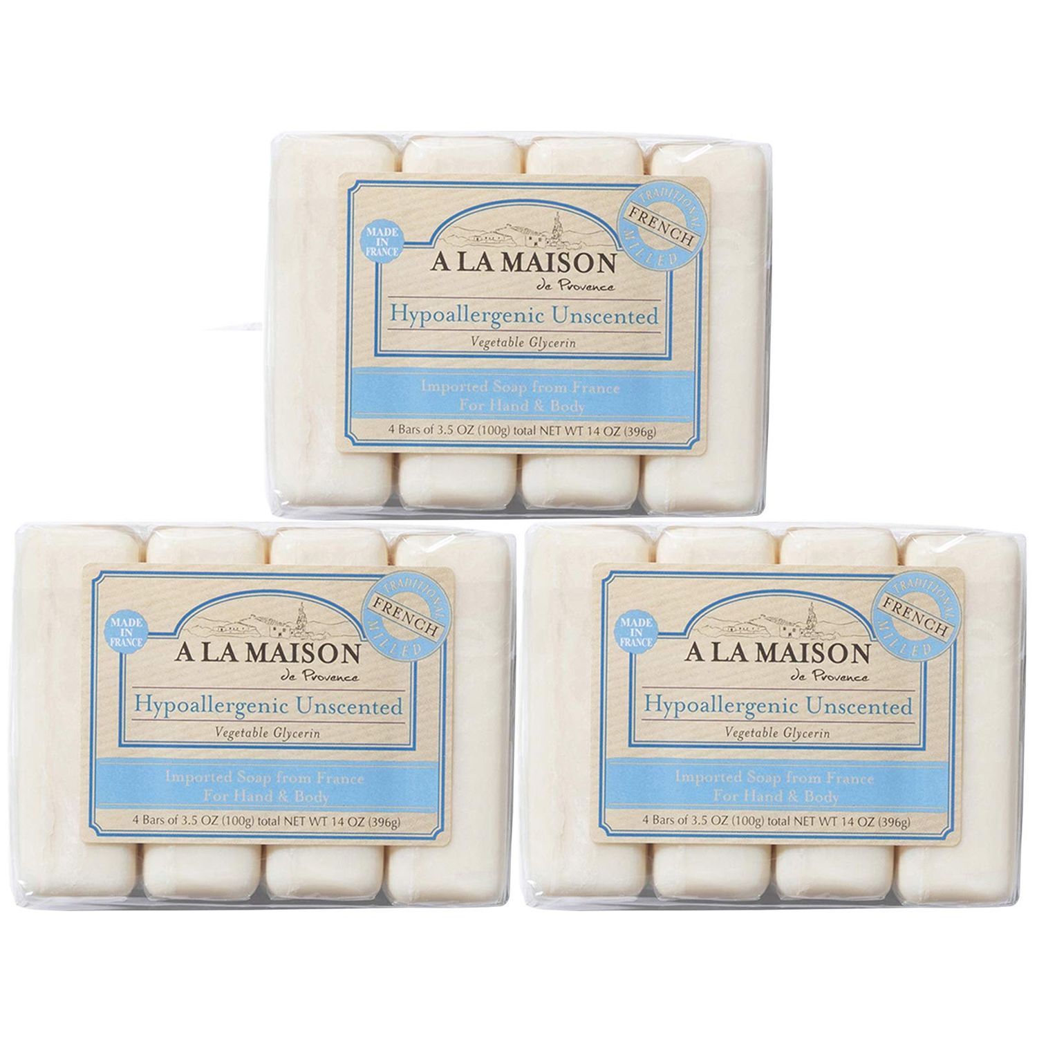 A LA MAISON Hypoallergenic Unscented Bar Soap - Triple French Milled Natural Moisturizing Hand Soap Bar (12 Bars of Soap, 3.5 oz)
