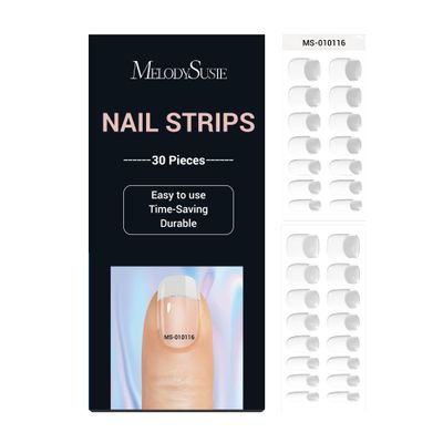 MelodySusie 30PCS Semi Cured Gel Nail Strips (White French), Works with Nail Lamp, Salon Quality, Long Lasting, Easy to Apply and Remove, Includes 2 Prep Pads, Nail File and Wooden Stick