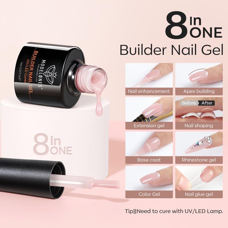 modelones Builder Nail Gel, 12 Colors Jelly Nude Pink Brown Gel Builder for Nails, 8-in-One Building Polish Color Base Coat Strengthener Thickening Extension LED Lamp Cured for DIY Home Salon Gift