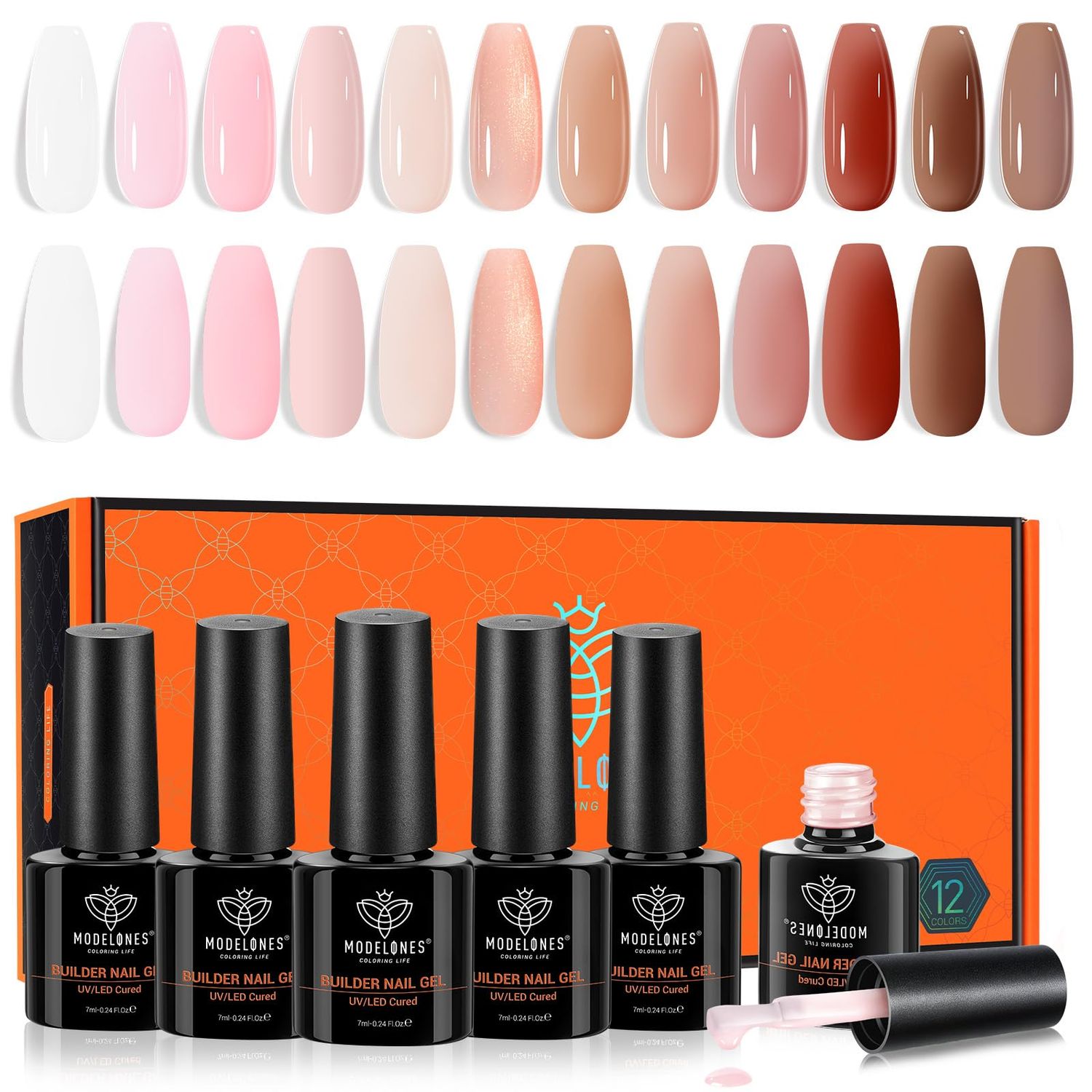 modelones Builder Nail Gel, 12 Colors Jelly Nude Pink Brown Gel Builder for Nails, 8-in-One Building Polish Color Base Coat Strengthener Thickening Extension LED Lamp Cured for DIY Home Salon Gift