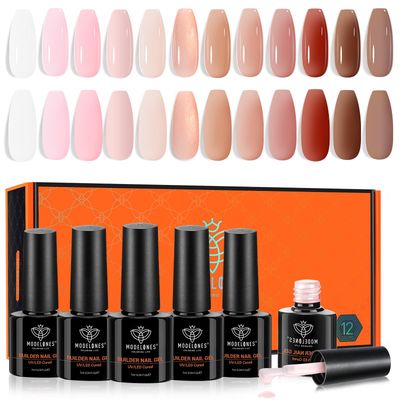 modelones Builder Nail Gel, 12 Colors Jelly Nude Pink Brown Gel Builder for Nails, 8-in-One Building Polish Color Base Coat Strengthener Thickening Extension LED Lamp Cured for DIY Home Salon Gift