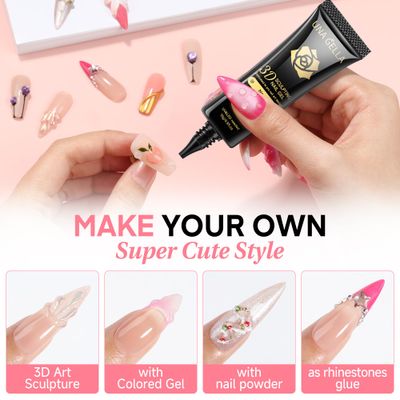 UNA GELLA 3D Gel Nail Art, Sculpting Gel Nail Glue 15g for Nails Tips, Chrome Nails Powder and Nail Charms, 4 in 1 No Wipe Clear Lamp Curing Needed for Drawing, Molding and Party Nail Art