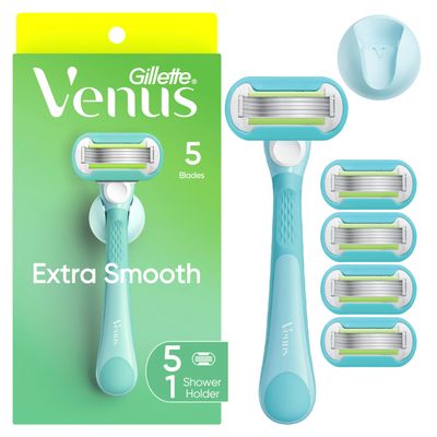 Gillette Venus Extra Smooth Womens Razor with Reusable Handle, 5 Blade Refills and Shower Holder