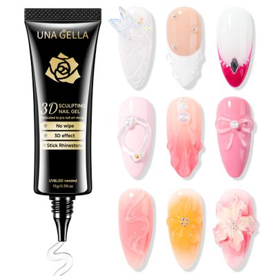 UNA GELLA 3D Gel Nail Art, Sculpting Gel Nail Glue 15g for Nails Tips, Chrome Nails Powder and Nail Charms, 4 in 1 No Wipe Clear Lamp Curing Needed for Drawing, Molding and Party Nail Art