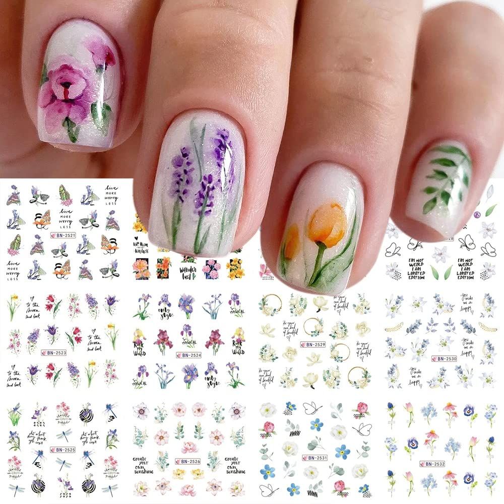 Flower Nail Art Stickers, Flower Nail Decals Water Transfer Nail Art Supplies Summer Lily Orchid Butterfly Small Floral Flowers Spring Nail Tattoo Stickers Accessories for Women Girls(12Sheets)