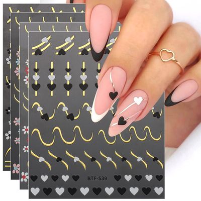 JMEOWIO 9 Sheets Heart Line Flower Nail Art Stickers Decals Self-Adhesive Pegatinas Uas Colorful Nail Supplies Nail Art Design Decoration Accessories