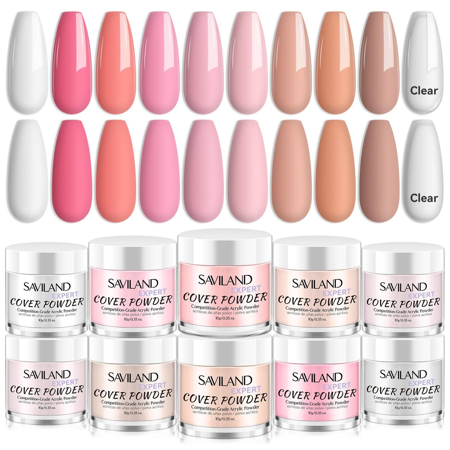 Saviland Acrylic Powder Set: Keratin Professional Acrylic Nail Powder Clear/Nudes/Pink Acrylic Ultra Fine Powder for Nail Extension 3D Nail Art Quick Dry Salon Quality Acrylic Nails 10G 10