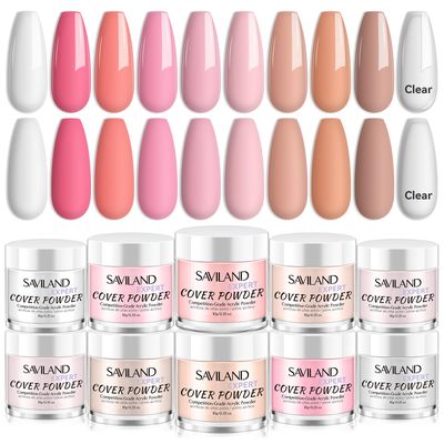 Saviland Acrylic Powder Set: Keratin Professional Acrylic Nail Powder Clear/Nudes/Pink Acrylic Ultra Fine Powder for Nail Extension 3D Nail Art Quick Dry Salon Quality Acrylic Nails 10G 10