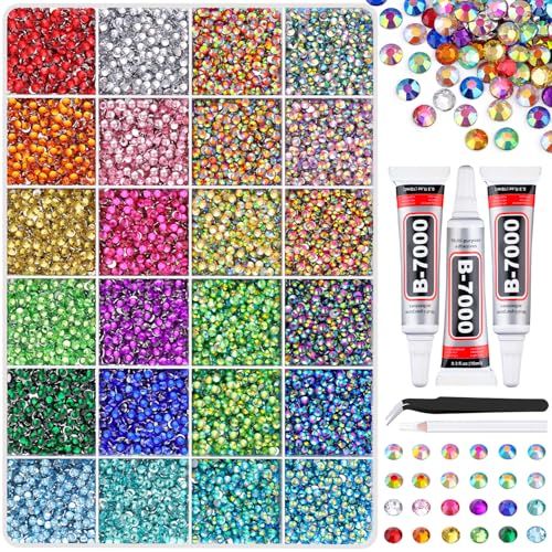 24000Pcs Resin Rhinestones with Tweezers for Crafting, Mixed-Color 3mm Bedazzling Crystal with 3Pcs 10ml B7000 Jewelry Glue for DIY Crafts Clothing Tumblers Shoes Fabric Nail Art