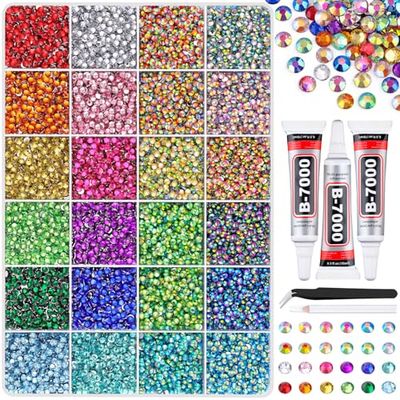24000Pcs Resin Rhinestones with Tweezers for Crafting, Mixed-Color 3mm Bedazzling Crystal with 3Pcs 10ml B7000 Jewelry Glue for DIY Crafts Clothing Tumblers Shoes Fabric Nail Art