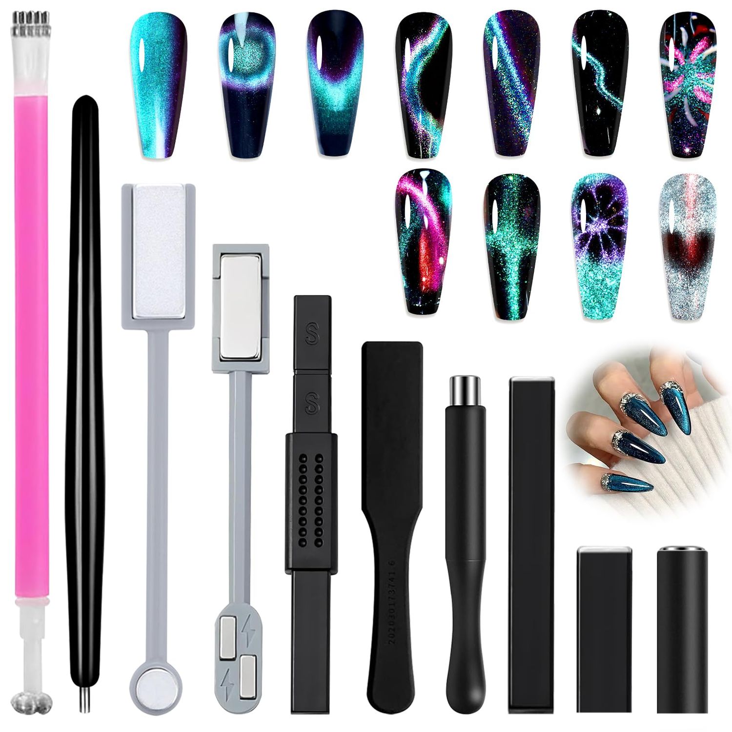 Allstarry Nail Magnet Tool Set, Double-head Strong Suction Nail Magnet Stick Cat Eye Flower Design Nail Magnets Pen Plate Wand Board for 9D Strip Galaxy Magnetic Cat Eye Gel Nail Polish Nail Art