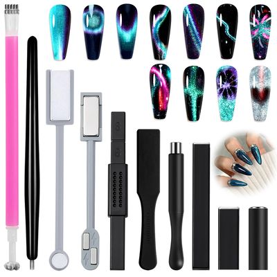 Allstarry Nail Magnet Tool Set, Double-head Strong Suction Nail Magnet Stick Cat Eye Flower Design Nail Magnets Pen Plate Wand Board for 9D Strip Galaxy Magnetic Cat Eye Gel Nail Polish Nail Art