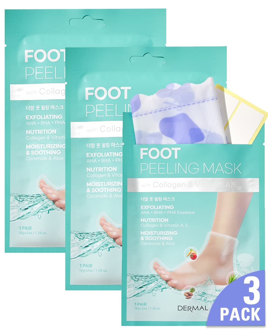 DERMAL KOREA Foot Peeling Mask 3 Pack For Dry Foot And Cracked Heel &amp; Callus With Aloe Vera And Collagen - Exfoliating Peel Mask With Aha, Bha, &amp; Pha And For Moisturizing, Soothing &amp; Refreshing Feet