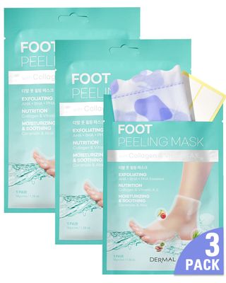 DERMAL KOREA Foot Peeling Mask 3 Pack For Dry Foot And Cracked Heel &amp; Callus With Aloe Vera And Collagen - Exfoliating Peel Mask With Aha, Bha, &amp; Pha And For Moisturizing, Soothing &amp; Refreshing Feet