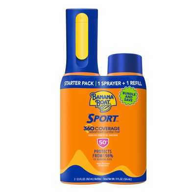 Banana Boat Sport 360 Body Sunscreen SPF 50 Spray Bundle: Non-Aerosol, 360 Coverage Mist, 5.5oz Refillable Bottle &amp; Refill Pack