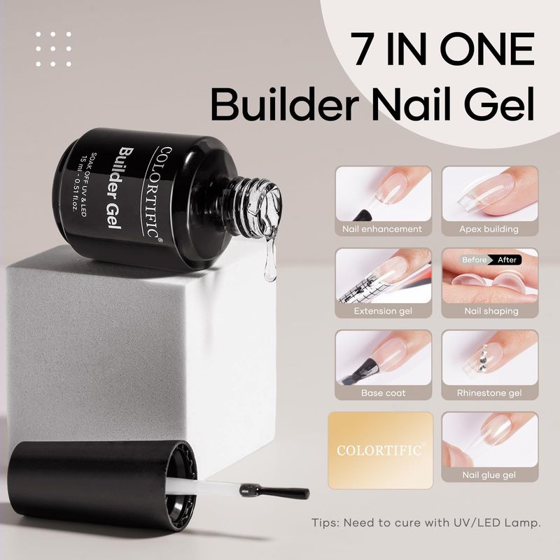 COLORTIFIC Builder Nail Gel, 2 Pcs 15ml 7 in 1 Clear Builder Gel for Nails Strengthener Apex Thickening Extension Rhinestone Glue in a Bottle