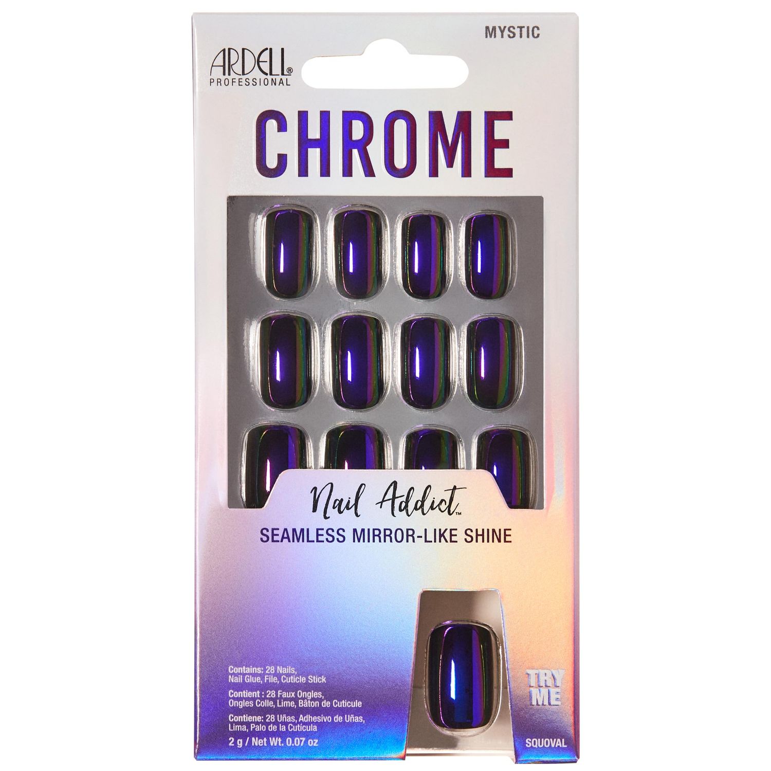 Ardell Nail Addict Chrome Press on Nails, Mystic, Short Square Shape, Nail Kit, 1-Pack