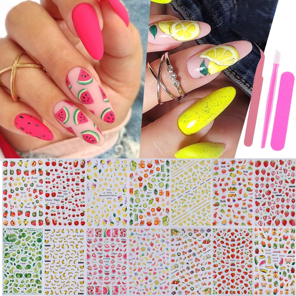 Fruits Nail Stickers Decals Kit - 14 pcs Summer Nail Art with Tweezers Decals Strawberry Lemon Designs Nail Supplies Cute Fun Self-Adhesive Sliders for Women Girls 3D Manicure Decoration