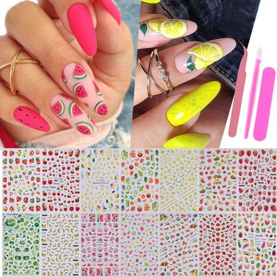 Fruits Nail Stickers Decals Kit - 14 pcs Summer Nail Art with Tweezers Decals Strawberry Lemon Designs Nail Supplies Cute Fun Self-Adhesive Sliders for Women Girls 3D Manicure Decoration