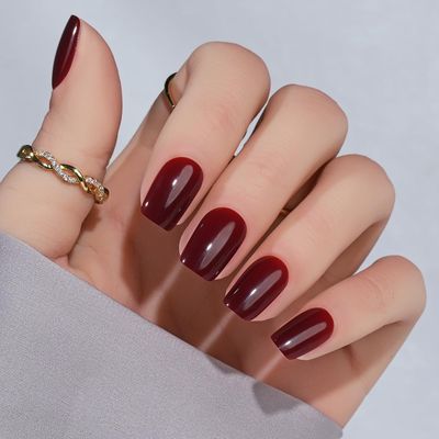 Press On Nails Short - Jofay Fashion Acrylic Press On Nails Red, Square Glue On Nails with Nail Glue, Fit Perfectly &amp; Natural Stick On Nails in 12 Sizes - 24PCS Soft Gel Fake Nails Kit, Wine Red