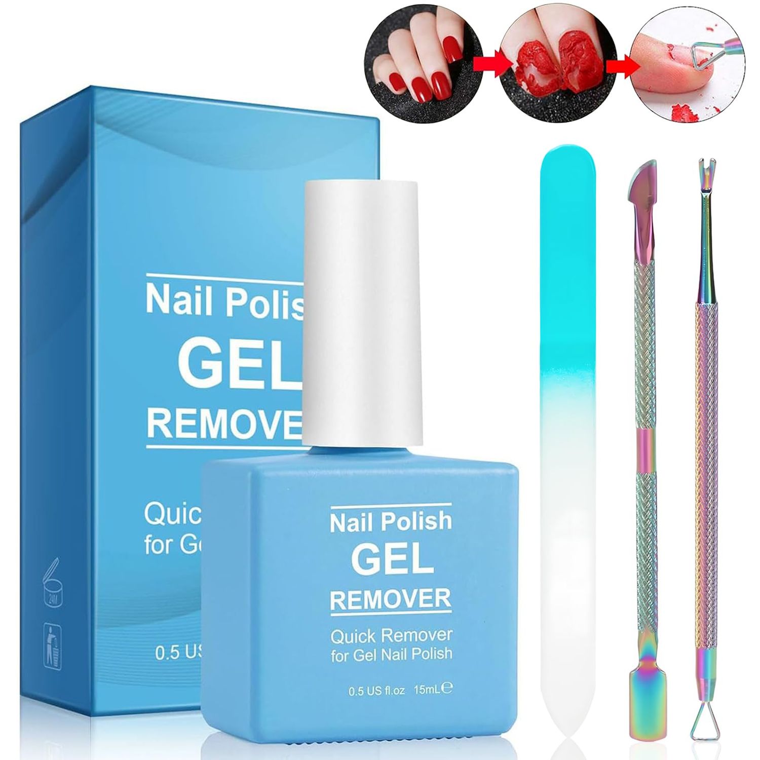 Nail Polish Remover Kit Includes 1 Pack Gel Remover For Nails, 2 Pcs Cuticle Pusher, 1 Pcs Glass Nail File, Easily &amp; Quickly Gel Polish Remover(Basic Set 1)