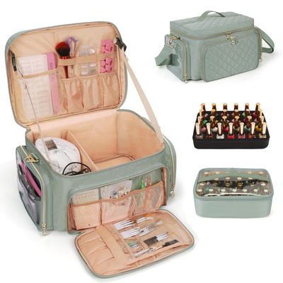 Bagmoly Nail Polish Organizer, Nail Polish Storage Holds 50-70 Bottles &amp; Nail Lamp, Portable Travel Nail Kit Storage Carrying Case Fits Nail Suppiles, Gift for Manicurist, Grils (Green)