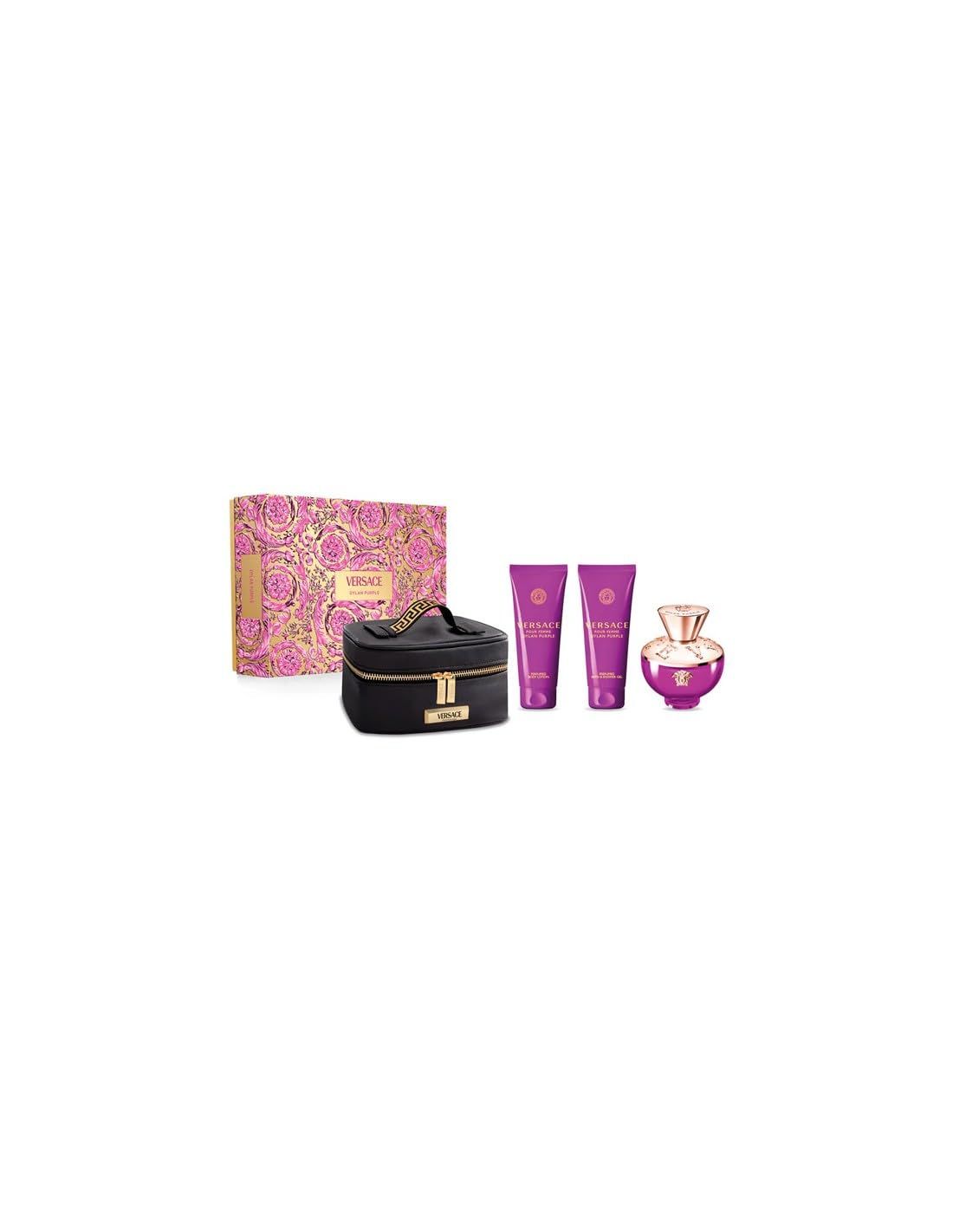 Versace Dylan Purple 4pc Set for Women, (3.0 Oz Eau De Parfum Spray 3.4 Oz Body Lotion 3.4 Oz Shower Gel Versace Small Beauty Bag)