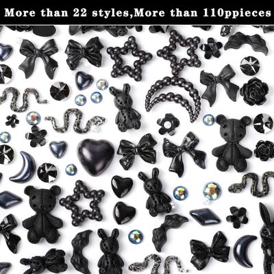 COOSLIM 110 Pieces 3D Nail Charms for Acrylic Nails, Camellia Rose Flower Butterfly Bowknot Heart Bear Rabbit Star Charms for Nail Art Designs DIY Accessories Craft(Black2)