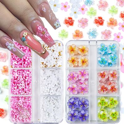 3D Nail Charms and Gems Set - 42PCS Colorful Crystal Tropical 3D Flowers for Nails Pink White Acrylic Flower Nail Charms with Caviar Beads Nail Decoration