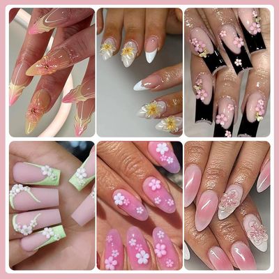 3D Nail Charms and Gems Set - 42PCS Colorful Crystal Tropical 3D Flowers for Nails Pink White Acrylic Flower Nail Charms with Caviar Beads Nail Decoration