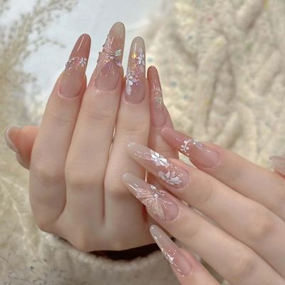 Hkanlre Press on Nails Long Fake Butterfly Pink Nails Tips Full Cover False Almond Nails for Women and Girls 24PCS