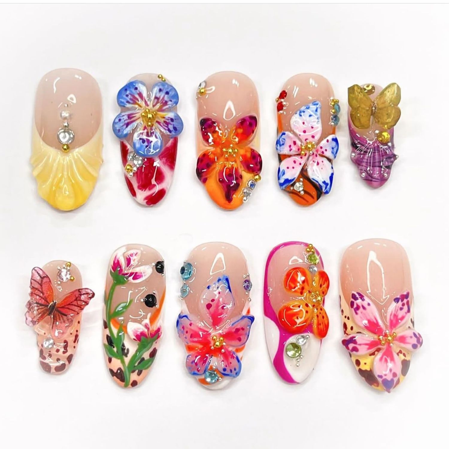 LBPEPAMZ 24Pcs Flower Press on Nails Medium Almond Fake Nails with 3D Colorful Spring Floral Butterfly Design Gold Beads Rhinestones Charms False Nails French Tips Glue on Nails for Women Daily Wear