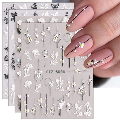 JMEOWIO 3D Embossed Flower Spring Nail Art Stickers Decals Self-Adhesive Pegatinas Uas 5D Summer Colorful Floral Nail Supplies Nail Art Design Decoration Accessories 4 Sheets