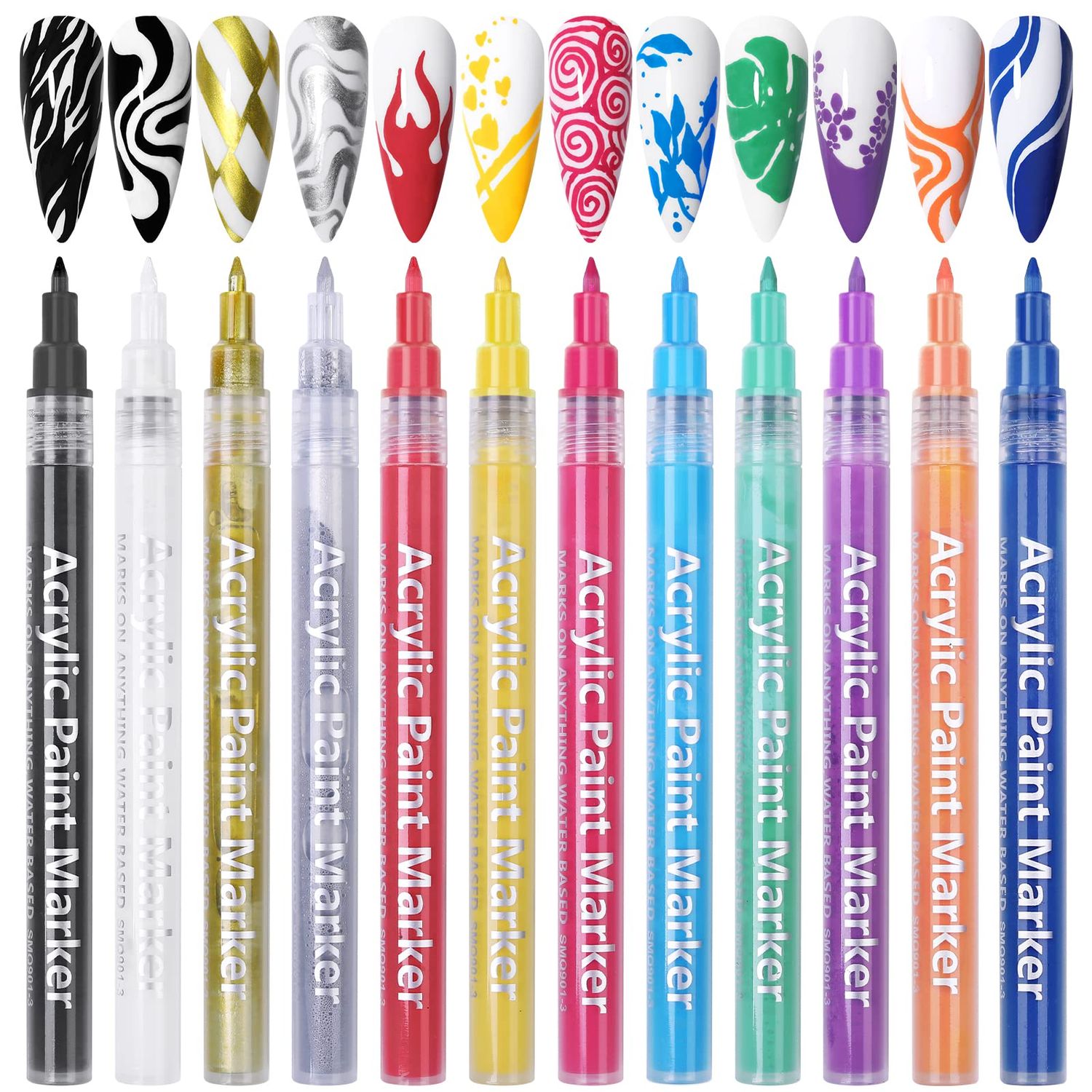12 Colors Nail Art Pens Set, Acrylic Paint Pens Fine Tip Nail Pens for 3D Nail Art, Nail Point Graffiti Dotting Pen Line Drawing Painting, Flower Patterns Design, DIY Manicure Tools