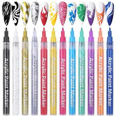 12 Colors Nail Art Pens Set, Acrylic Paint Pens Fine Tip Nail Pens for 3D Nail Art, Nail Point Graffiti Dotting Pen Line Drawing Painting, Flower Patterns Design, DIY Manicure Tools